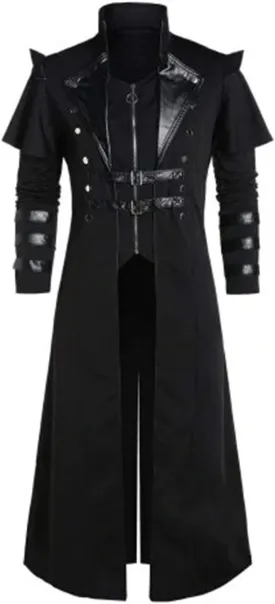 Wolancy Men's Steampunk Trench Coat Victorian Slim Suit Collar Solid Double Breasted Zipper Coat