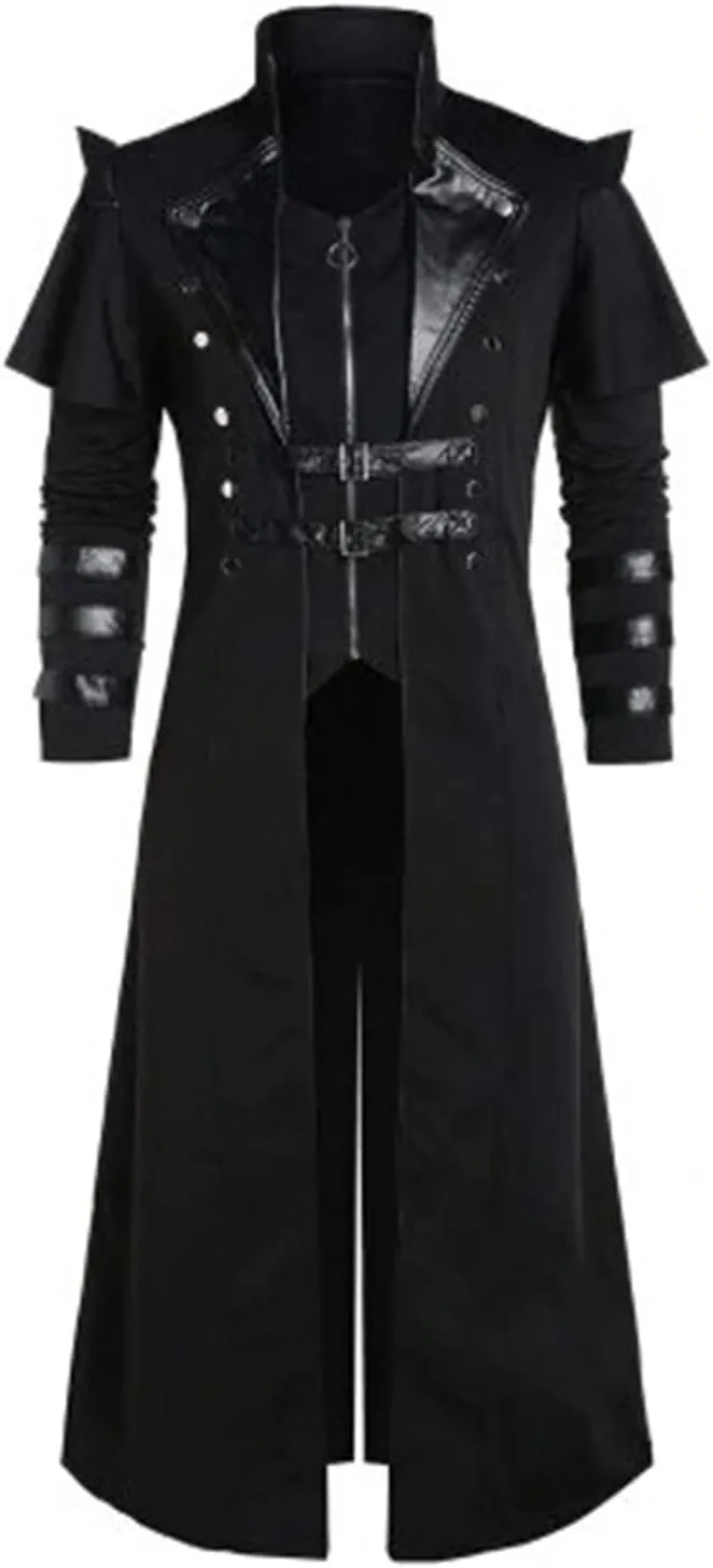 Wolancy Men's Steampunk Trench Coat Victorian Slim Suit Collar Solid Double Breasted Zipper Coat
