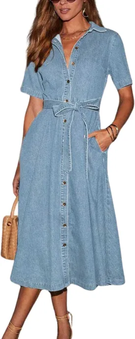 Women Summer Short Sleeve Button Down Denim Shirt Dress Business Casual Belted Jean Midi Long Dress