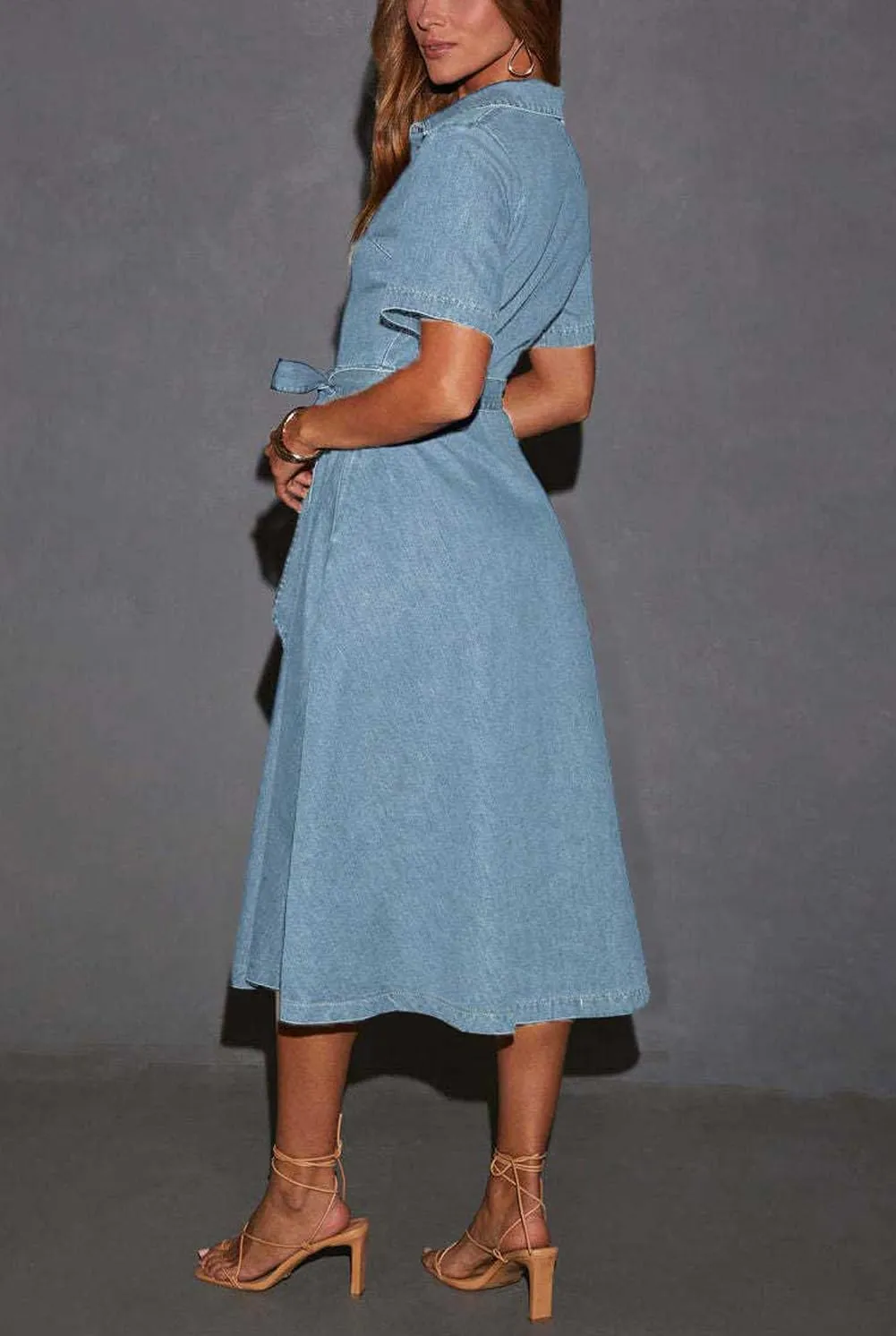 Women Summer Short Sleeve Button Down Denim Shirt Dress Business Casual Belted Jean Midi Long Dress