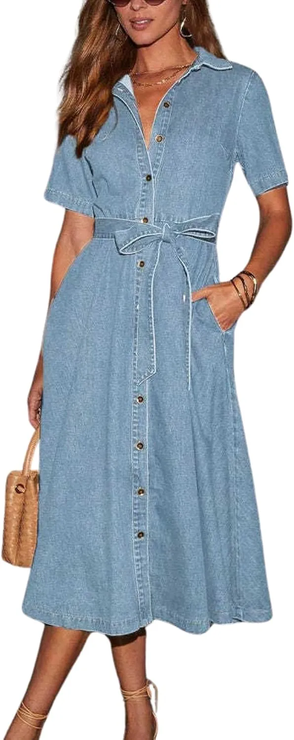 Women Summer Short Sleeve Button Down Denim Shirt Dress Business Casual Belted Jean Midi Long Dress