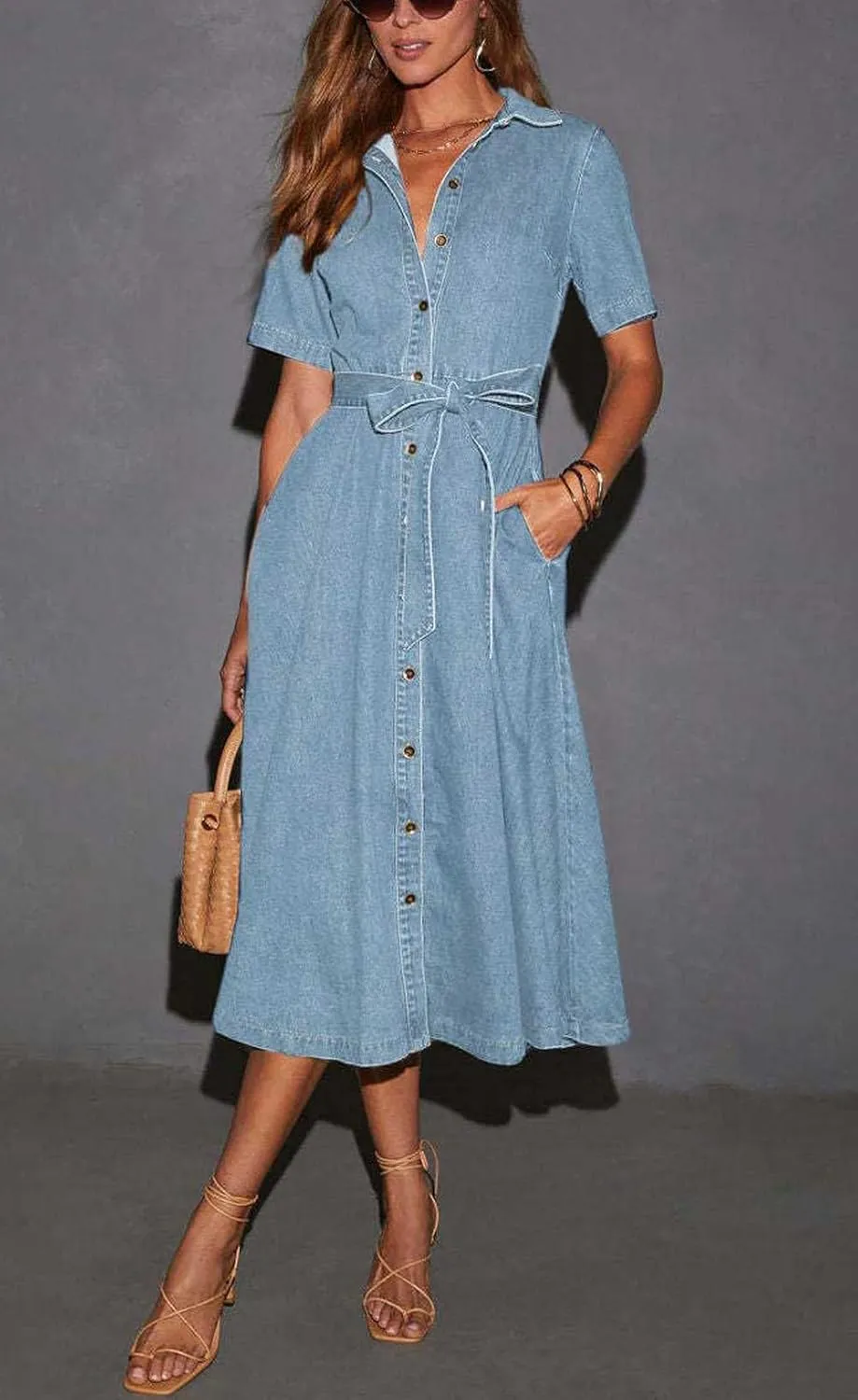 Women Summer Short Sleeve Button Down Denim Shirt Dress Business Casual Belted Jean Midi Long Dress