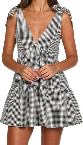 Women Y2k Tie Shoulder Gingham Mini Dress Bow Strap V Neck Babydoll Dress Cute Plaid Short Flowy Dresses