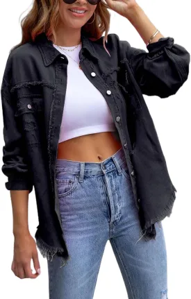 Women's Distressed Denim Jacket Long Sleeve Lapel Button Up Frayed Jean Shacket