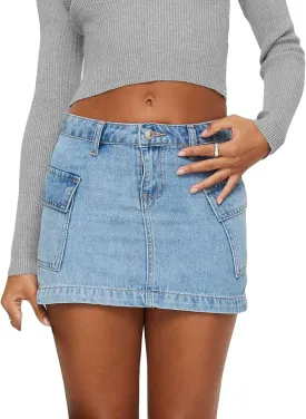 Womens Jean Skirt Stretchy Low Waisted Short Denim Pencil Skirt Summer Going Out Mini Skirts with Pockets Streetwear
