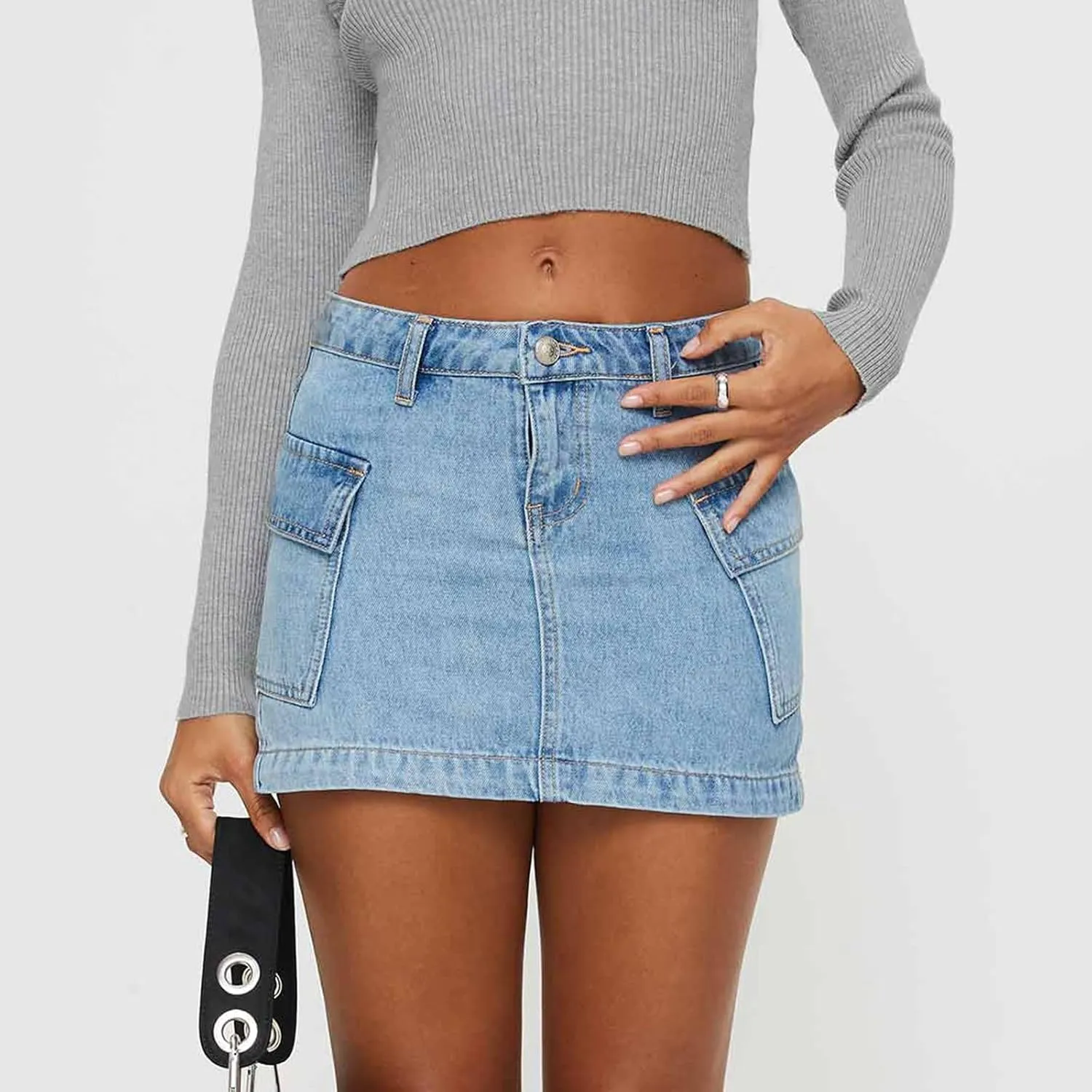 Womens Jean Skirt Stretchy Low Waisted Short Denim Pencil Skirt Summer Going Out Mini Skirts with Pockets Streetwear