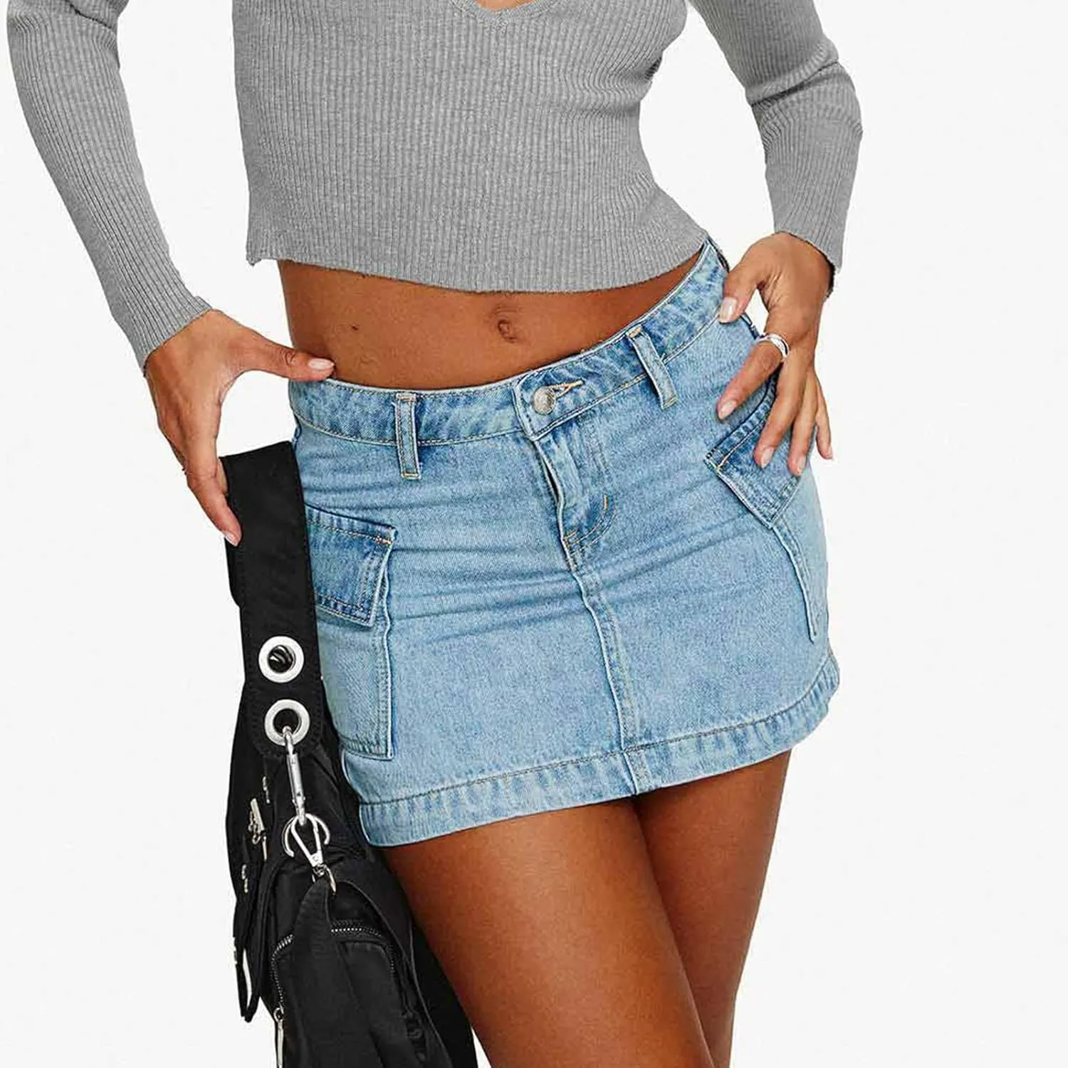 Womens Jean Skirt Stretchy Low Waisted Short Denim Pencil Skirt Summer Going Out Mini Skirts with Pockets Streetwear