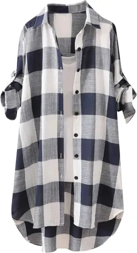 Womens Oversized Button Down Plaid Shacket Shirt Roll Up Long Sleeve Casual Boyfriend Tunic Blouse Top 2024 Fall