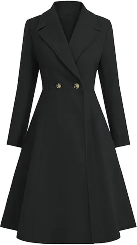 xxxiticat Women's Long Wool Trench Coat Winter Warm Notch Lapel Double Breasted Button A Line Pleated Dress Coat Peacoat