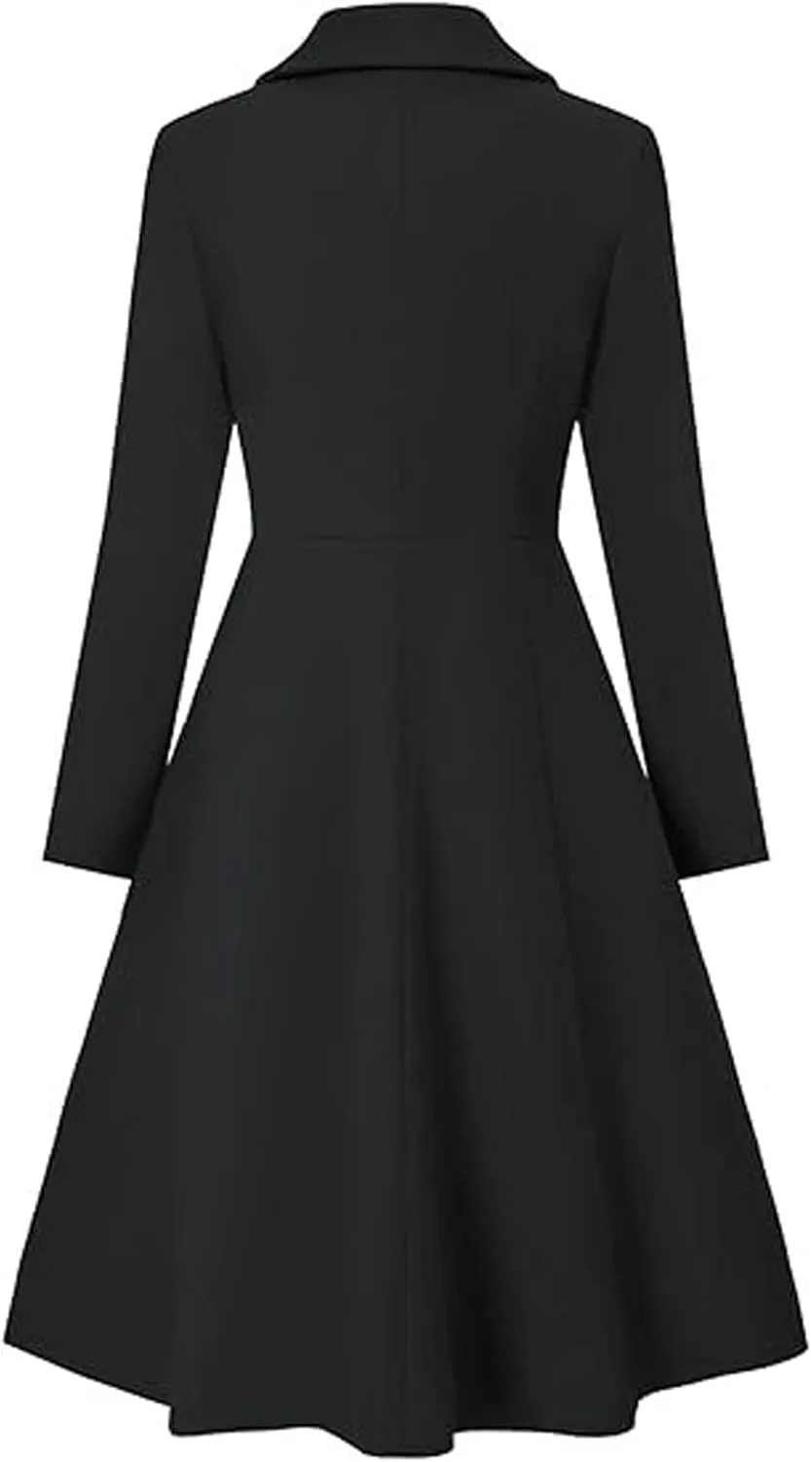 xxxiticat Women's Long Wool Trench Coat Winter Warm Notch Lapel Double Breasted Button A Line Pleated Dress Coat Peacoat