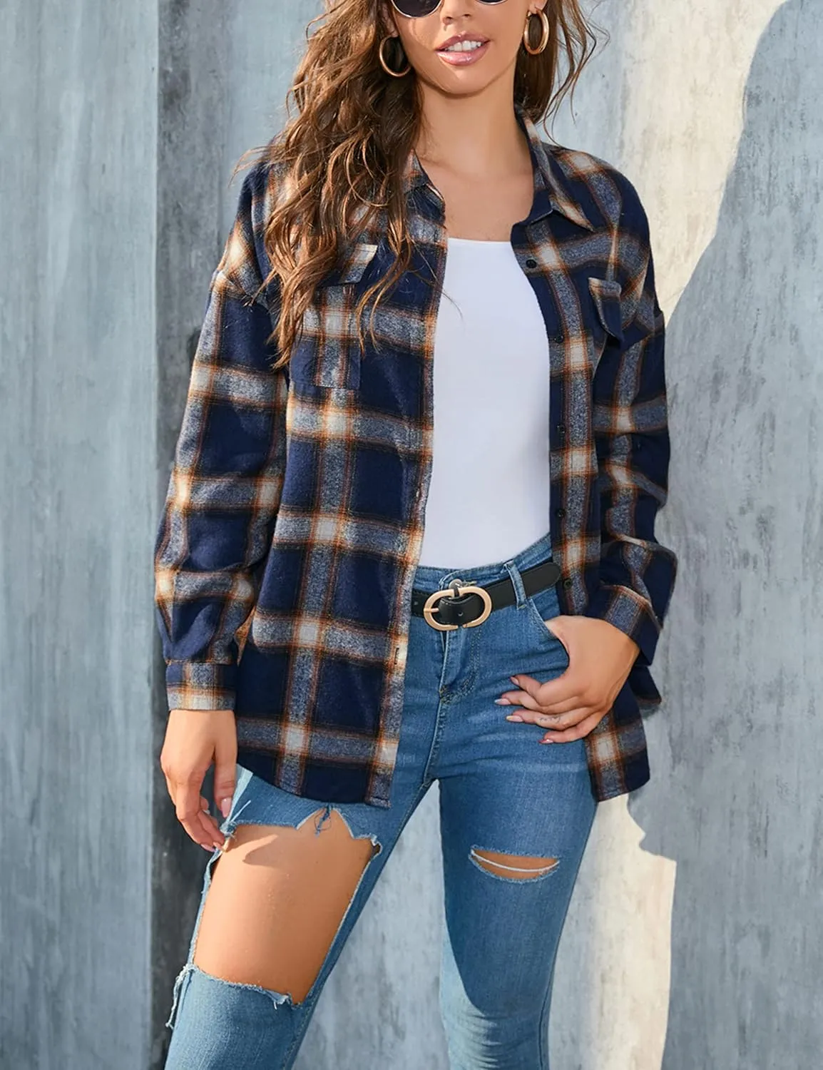 Zontroldy Womens Flannel Plaid Shirts Oversized Lightweight Buffalo Plaid Button Down Shirt Blouse Tops