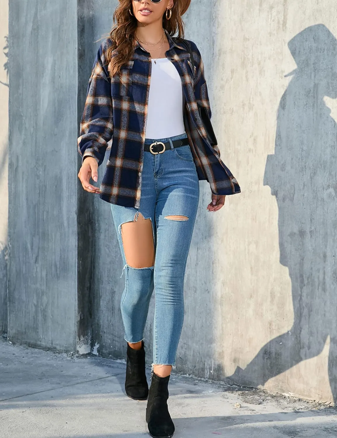 Zontroldy Womens Flannel Plaid Shirts Oversized Lightweight Buffalo Plaid Button Down Shirt Blouse Tops