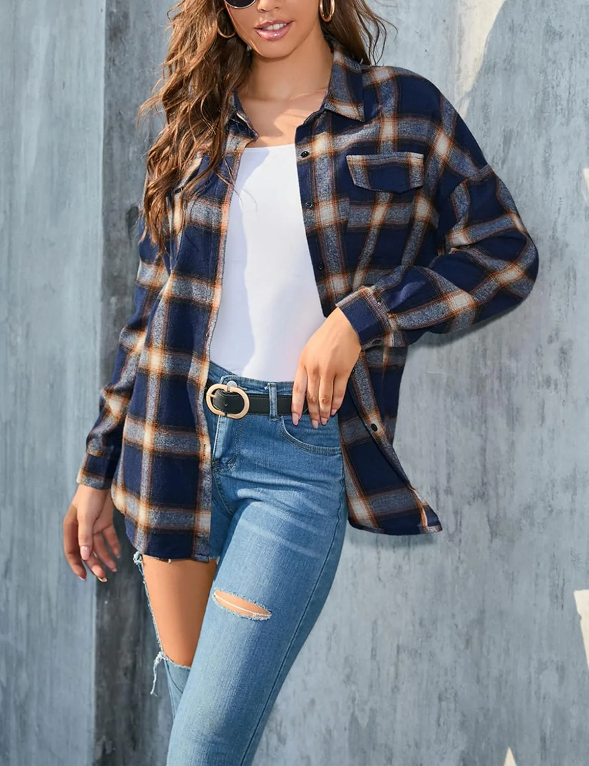Zontroldy Womens Flannel Plaid Shirts Oversized Lightweight Buffalo Plaid Button Down Shirt Blouse Tops
