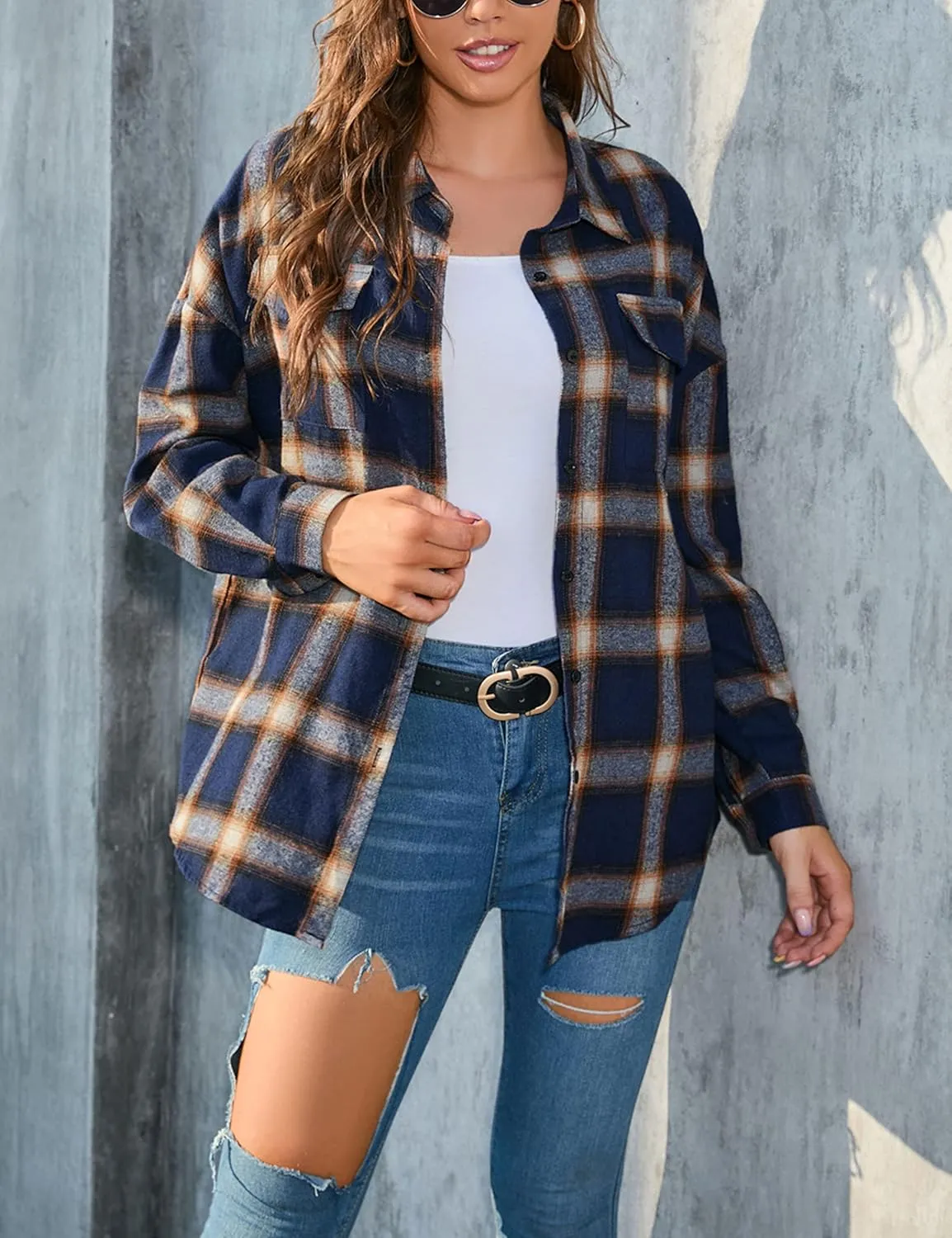 Zontroldy Womens Flannel Plaid Shirts Oversized Lightweight Buffalo Plaid Button Down Shirt Blouse Tops
